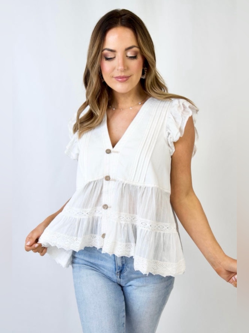 Peach love denim pintuck pleated detailed eyelet embroidery fabric top